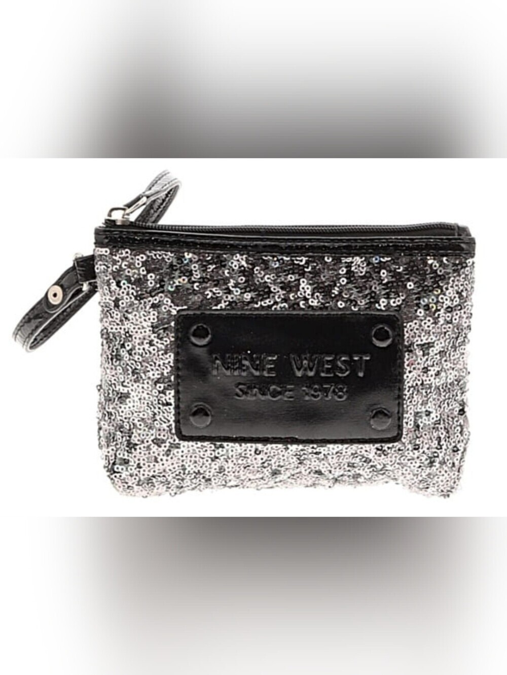 Nine West Silver Sequin Wristlet Pouch with Logo Plate
